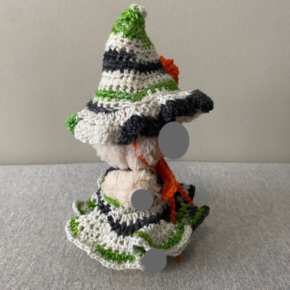Handmade Crochet Halloween Green Orange Witch Outfit for 17cm Doll 2-Piece Set - Picture 2 of 7